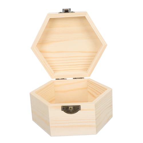 SEWACC Box Sechseckige Box Geburtstagsdeko Für Junge Schatztruhe DIY Holzkiste Unbemalt Schatzkiste Mini Vitrine Beige Holz