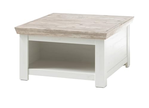 Furn.Design Couchtisch in weiß Pinie und Oslo Pinie Holz im Landhaus Stil Beistelltisch mit Truhe und Alage Wohnzimmertisch mit Straumraum quadratisch 86 x 86 cm Rovola (Couchtisch 2)