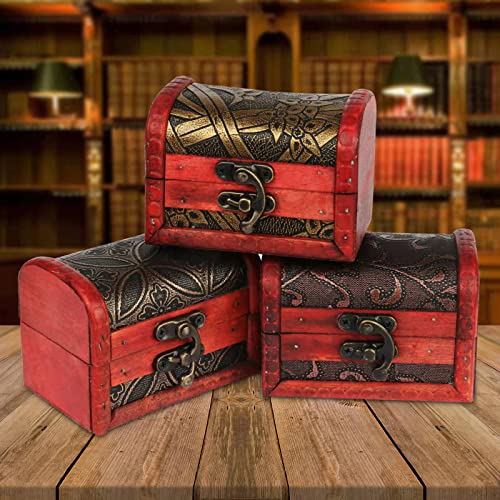 Kleine Schatztruhe aus Holz, 3er Set Mini-Schatztruhe, Holztruhe Schatzkiste Vintage Look Antikes Design Piraten Schatzsuche Holz Rot Braun Spardose Schmuck-Schatulle Bauernkasse Holz Sparkasse Truhe