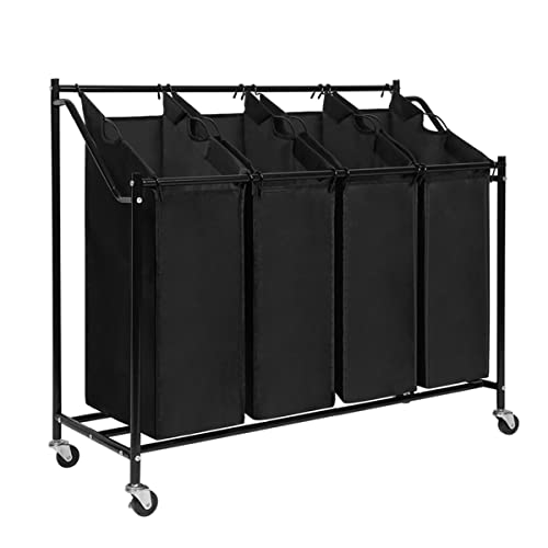 Meerveil Wäschesortierer 4 Fächer, Wäschekorb, Wäschesammler mit 4 abnehmbaren Stofftaschen, Wäschebehälter auf Rollen, Wäschebox, 4 * 35 Liter, Schwarz