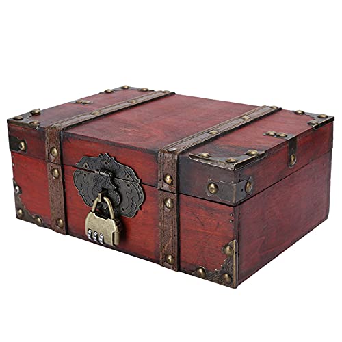 Vintage Holz Schatztruhe, Holztruhe Schatzkiste Geschenk Truhe Piratentruhe Geldtruhe Aufbewahrungsbehälter Wohnzimmer Organizer Truhe für Flur Schlafzimmer (Rot + Schloss)