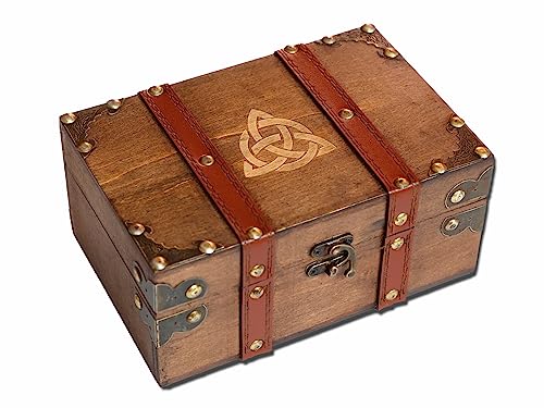 vuagmiv Truhe aus Holz und Leder, Triquetra Gravierte Holzkiste mit Samtfutter, Aufbewahrungsbox für Alter Supplies und Werkzeuge und Erinnerungsbox