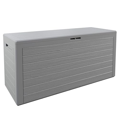 Deuba® XXL Auflagenbox 280L Wetterfest UV beständig Deckel Abschliessbar Garten Balkon 120x46x57cm Gartentruhe Gartenbox Holz Optik Grau