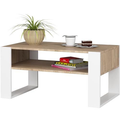 BDW - Couchtisch - Sofatisch mit offenem Regal, Ablage - Beistelltisch, Lowboard - Wohnzimmer, Salon - Modern - Stubentisch - Truhentisch - Holzwerkstoff - Fernsehtisch - MDF-Platte - Sonoma/Weiss